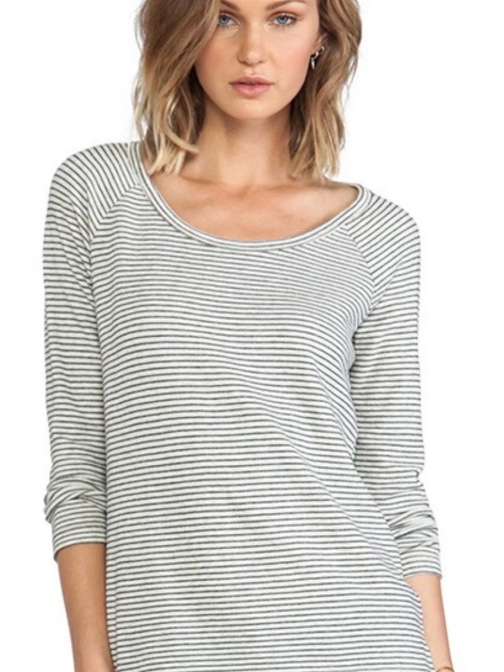 James Perse Minimalistic Black and White Striped Scoop Neck  Long Sleeve Tee
